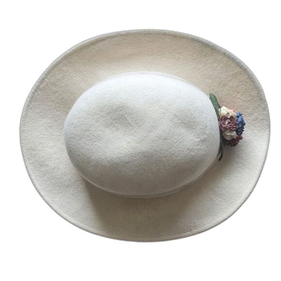Vintage Wool Felt Hat Cream Floral Accent USA Made Cottagecore Garden Party main image 7